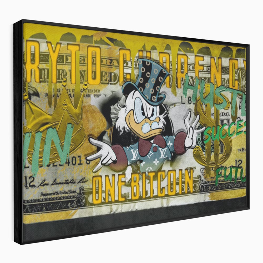Tablou canvas cu tablou canvas cu donald duck si bitcoin, in rama de aluminiu negru